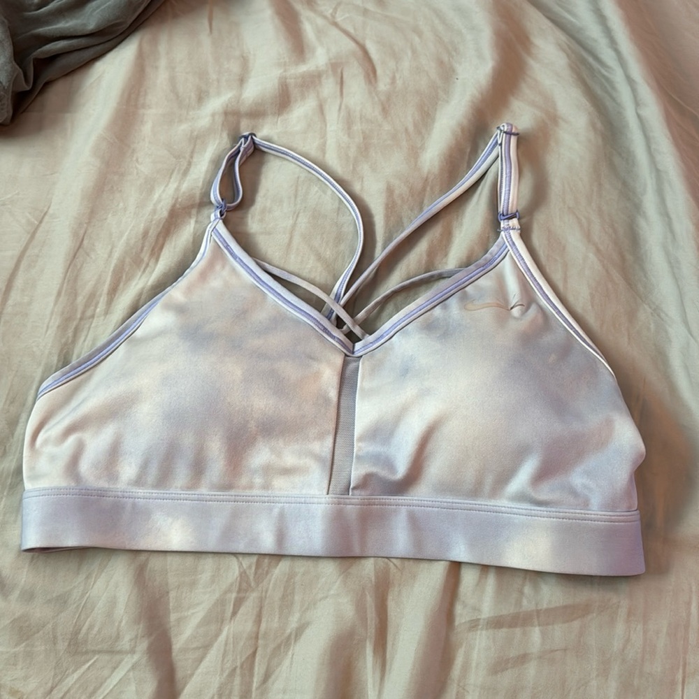 Purple and white sports bra